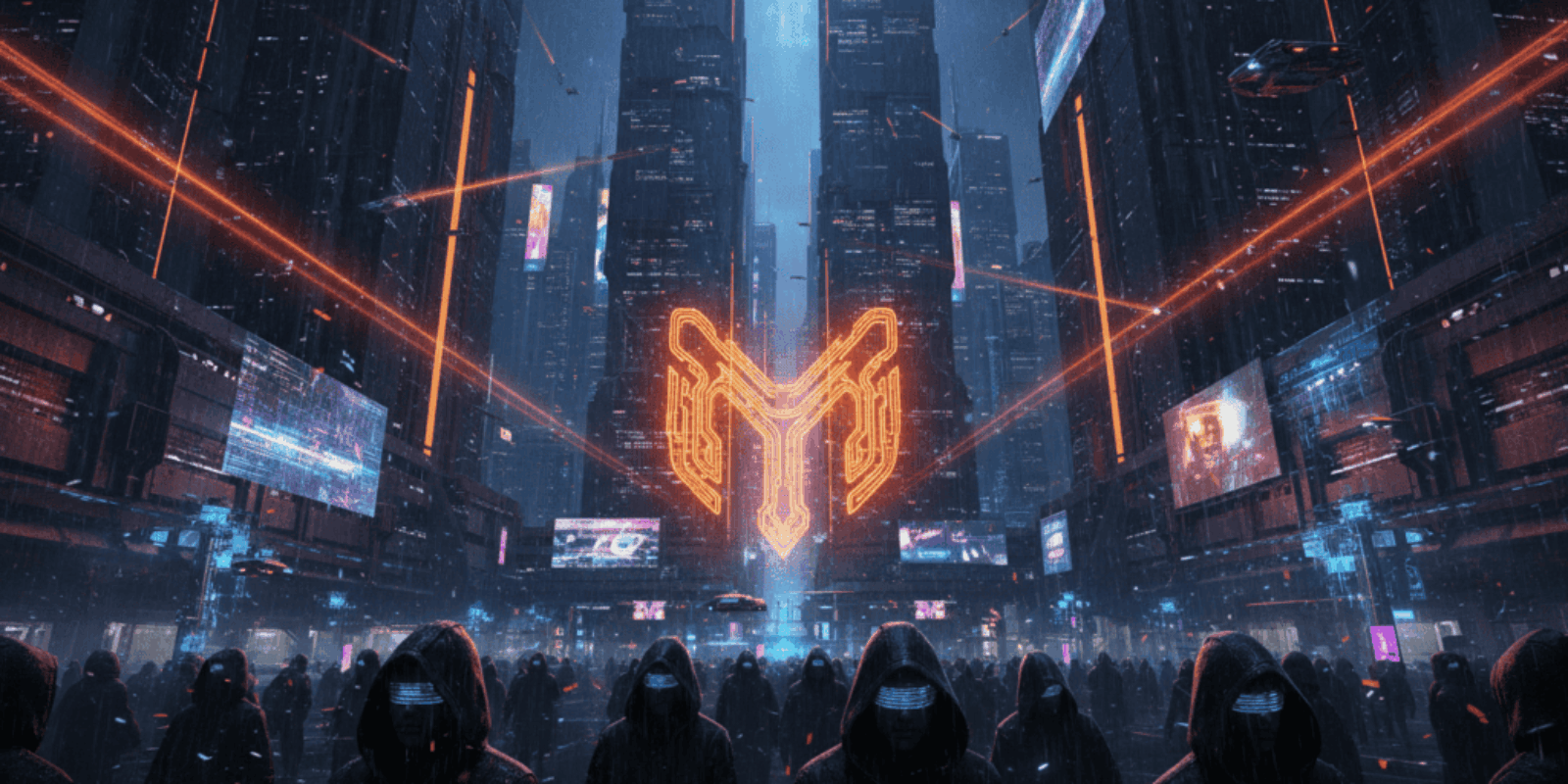 Futuristic city with neon lights and AI icon, highlighting AI safety and technological advancements.