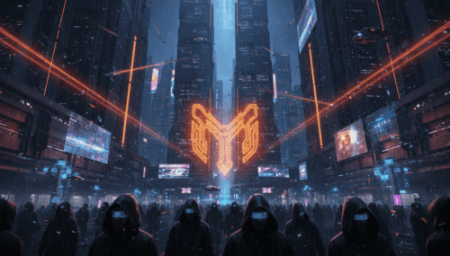 Futuristic city with neon lights and AI icon, highlighting AI safety and technological advancements.