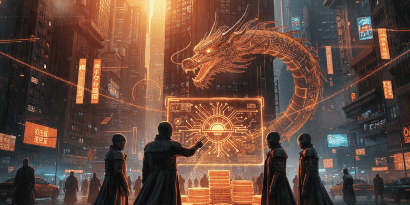 Futuristic city scene with AI dragon and digital currency symbols in a high-tech environment.