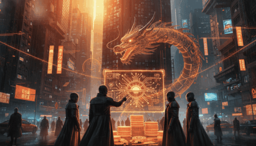 Futuristic city scene with AI dragon and digital currency symbols in a high-tech environment.