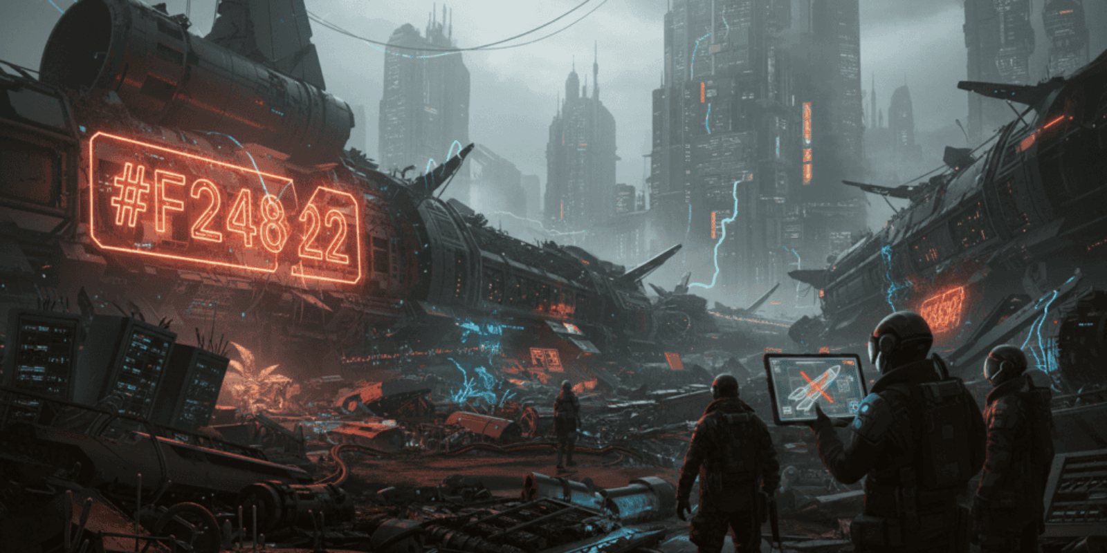 A dystopian urban scene featuring advanced technology, neon lights, and robotic figures amid towerin.