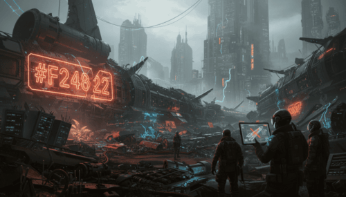 A dystopian urban scene featuring advanced technology, neon lights, and robotic figures amid towerin.