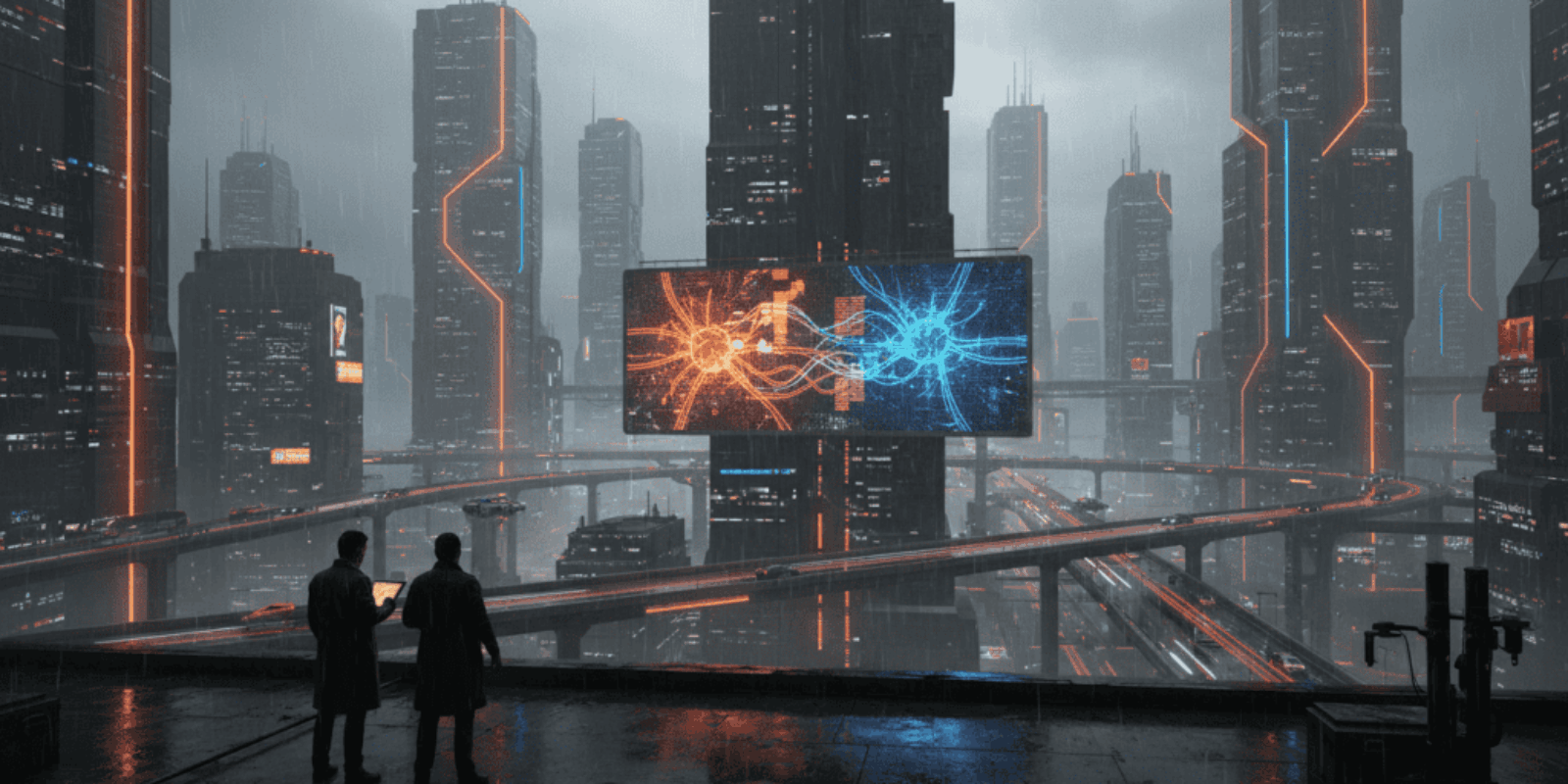 Futuristic city with AI data networks and digital displays in a high-tech urban environment.