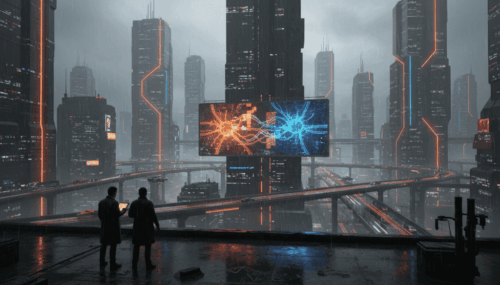 Futuristic city with AI data networks and digital displays in a high-tech urban environment.