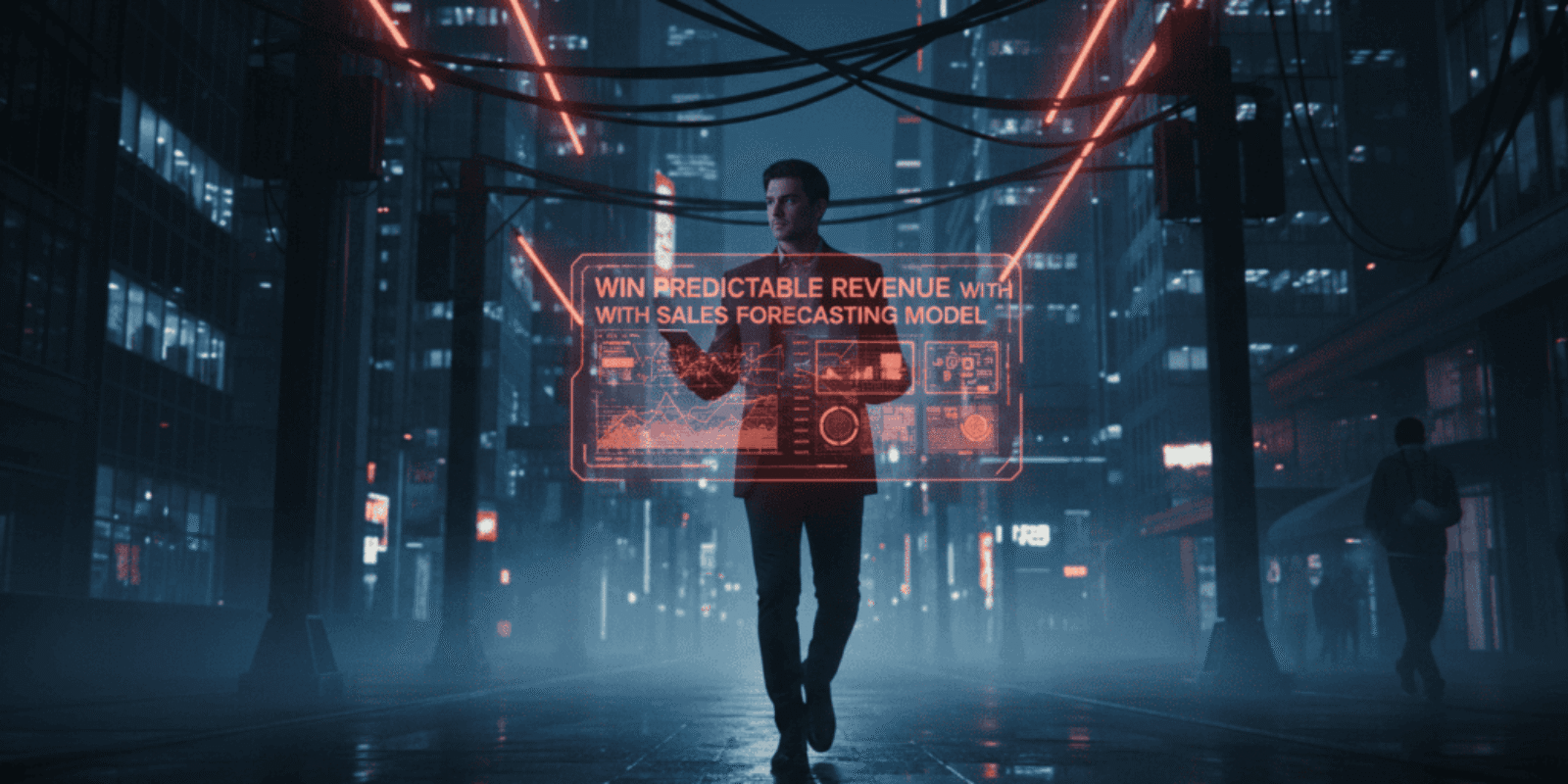 Business professional with digital sales forecast display in futuristic cityscape.