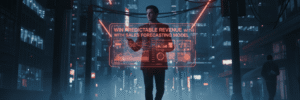 Business professional with digital sales forecast display in futuristic cityscape.