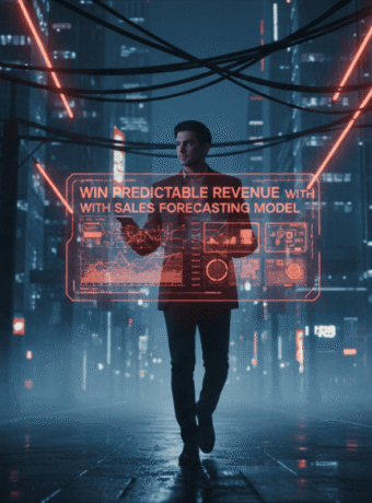 Business professional with digital sales forecast display in futuristic cityscape.