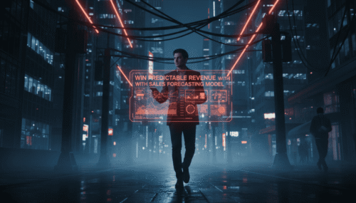 Business professional with digital sales forecast display in futuristic cityscape.