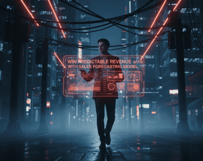 Business professional with digital sales forecast display in futuristic cityscape.