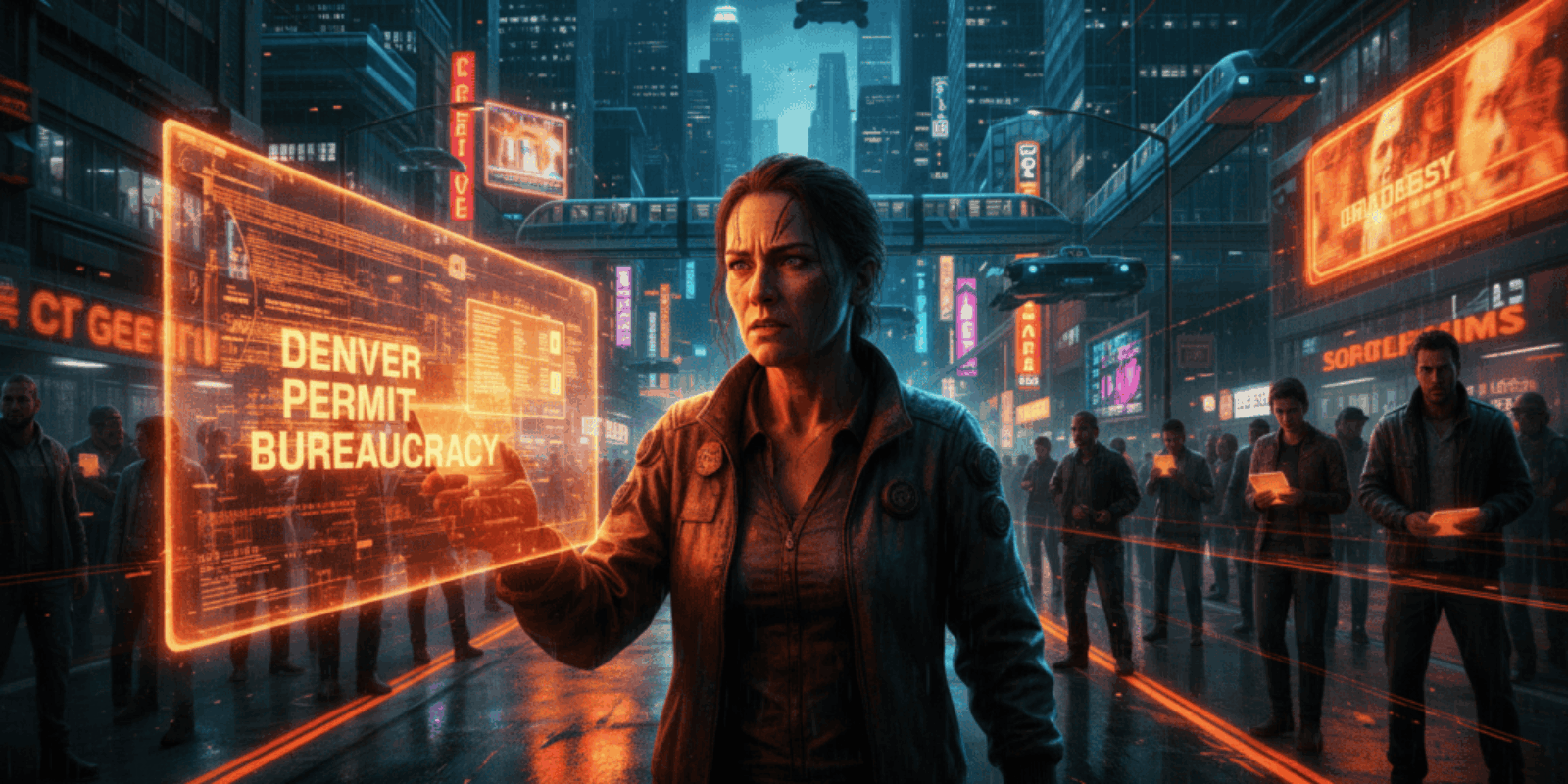 Woman using futuristic digital interface in a cityscape with AI and permit-related visuals.