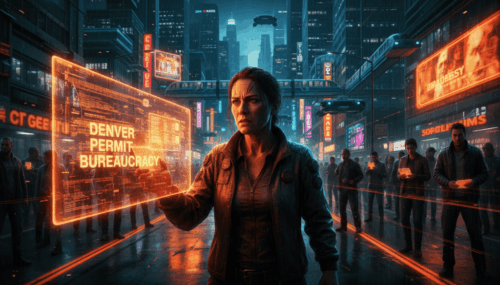 Woman using futuristic digital interface in a cityscape with AI and permit-related visuals.