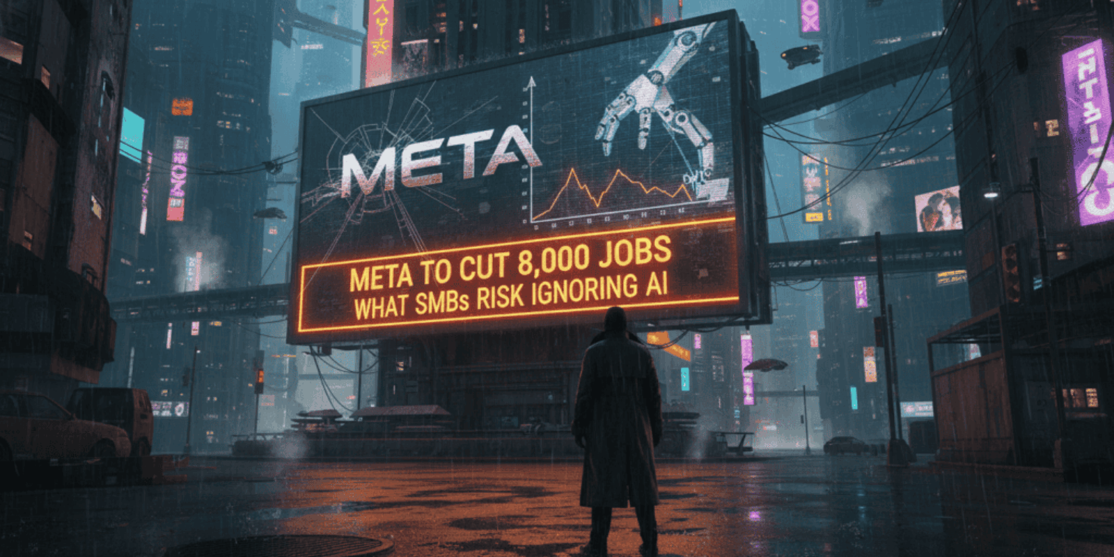 Digital billboard showing Meta's 8,000 job cuts and AI risks for SMBs in a futuristic cityscape.