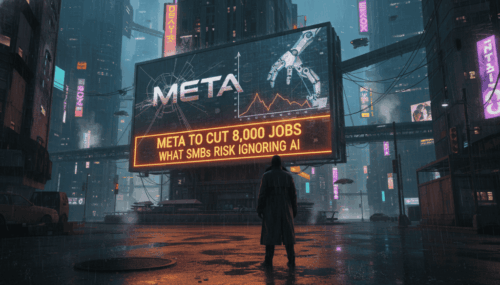 Digital billboard showing Meta's 8,000 job cuts and AI risks for SMBs in a futuristic cityscape.