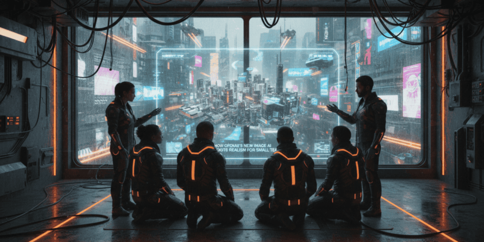 AI team collaboration in a high-tech futuristic control room with digital cityscape view.