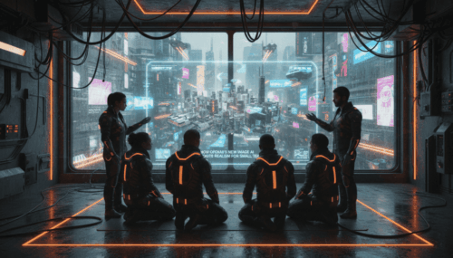 AI team collaboration in a high-tech futuristic control room with digital cityscape view.