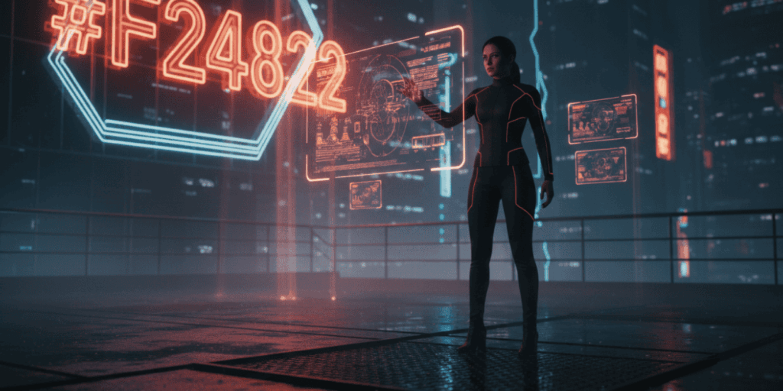 Woman interacting with digital cybersecurity interface showing code #F24822.