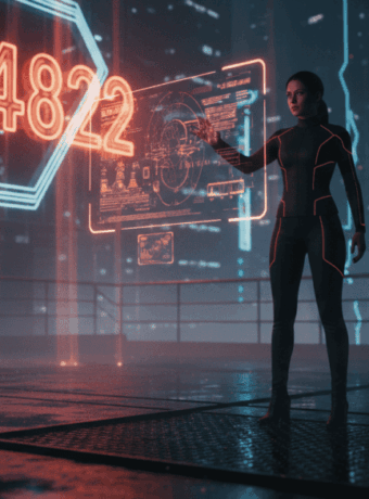 Woman interacting with digital cybersecurity interface showing code #F24822.