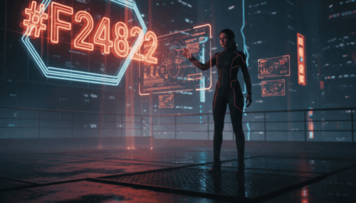 Woman interacting with digital cybersecurity interface showing code #F24822.