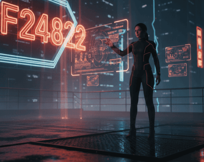 Woman interacting with digital cybersecurity interface showing code #F24822.