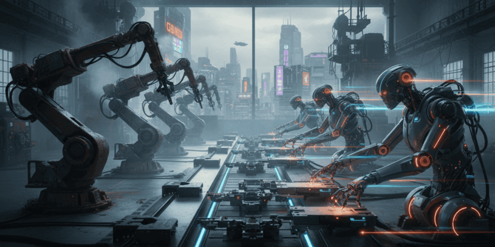 AI-powered robots assembling products in a high-tech factory setting.