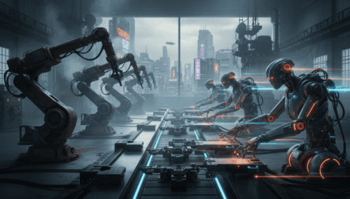 AI-powered robots assembling products in a high-tech factory setting.