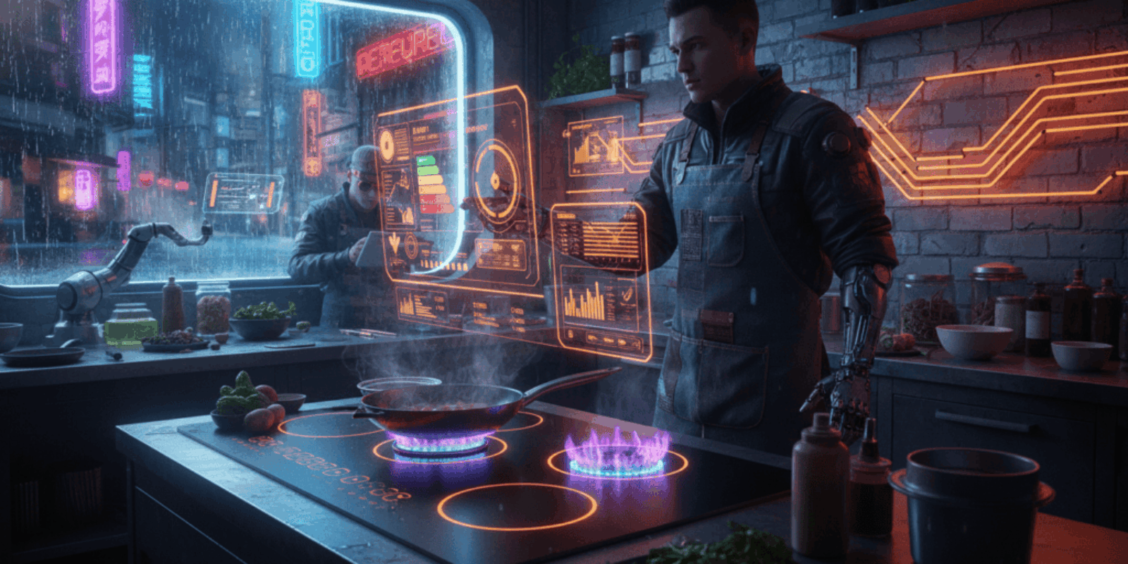 AI-powered induction cooktop with futuristic holographic controls in a modern restaurant kitchen.