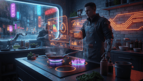 AI-powered induction cooktop with futuristic holographic controls in a modern restaurant kitchen.