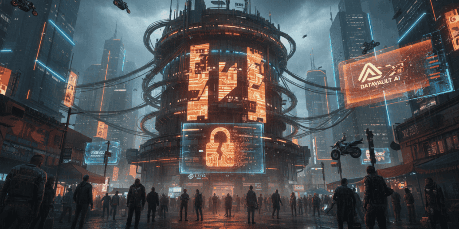 Futuristic cityscape with DataVault AI branding and drones in a high-tech urban environment.