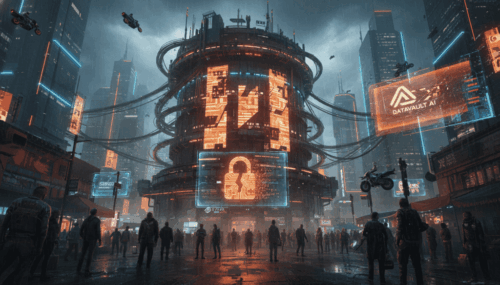 Futuristic cityscape with DataVault AI branding and drones in a high-tech urban environment.