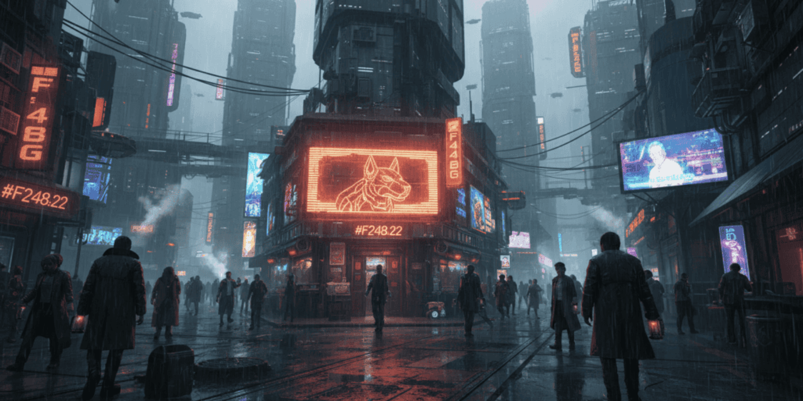 Cyberpunk city scene with neon lights, tall skyscrapers, and people walking in the rain, illustratin.