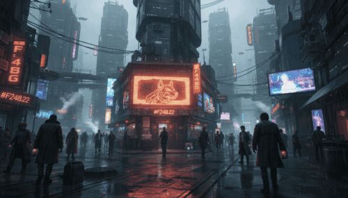 Cyberpunk city scene with neon lights, tall skyscrapers, and people walking in the rain, illustratin.