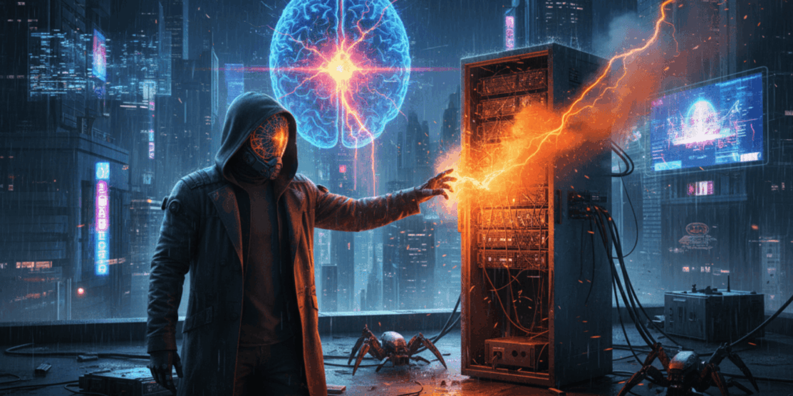 Hacker in a dark hoodie manipulating digital data with a glowing brain hologram overhead.