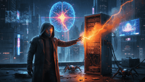 Hacker in a dark hoodie manipulating digital data with a glowing brain hologram overhead.