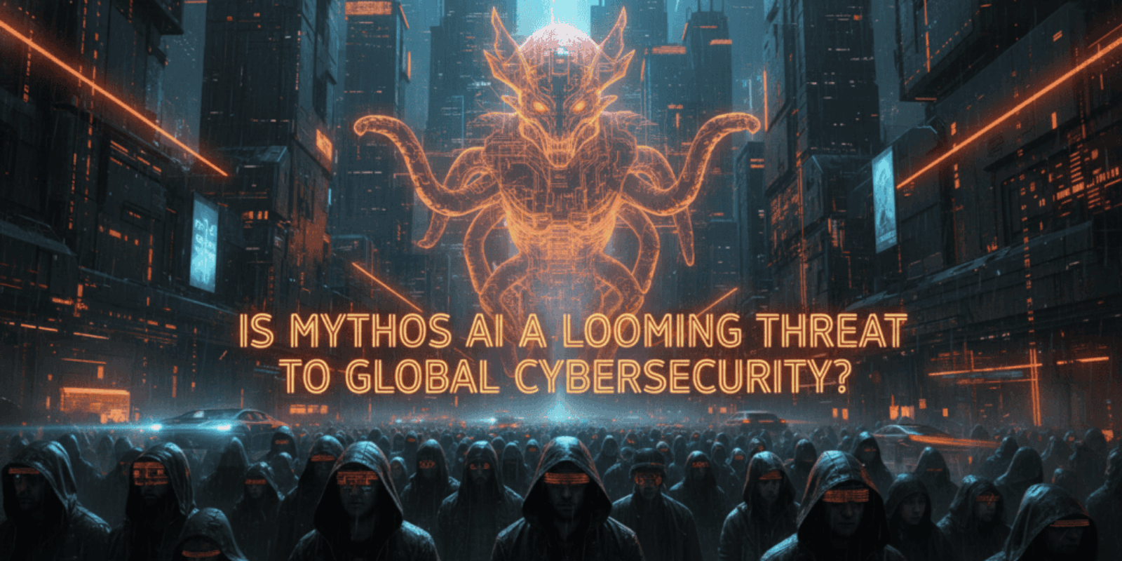 Digital dragon representing AI threat to cybersecurity in a futuristic cityscape.