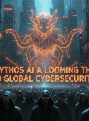 Digital dragon representing AI threat to cybersecurity in a futuristic cityscape.