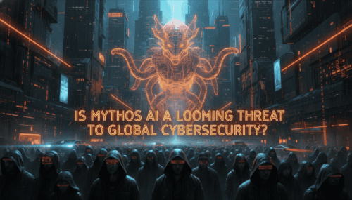 Digital dragon representing AI threat to cybersecurity in a futuristic cityscape.