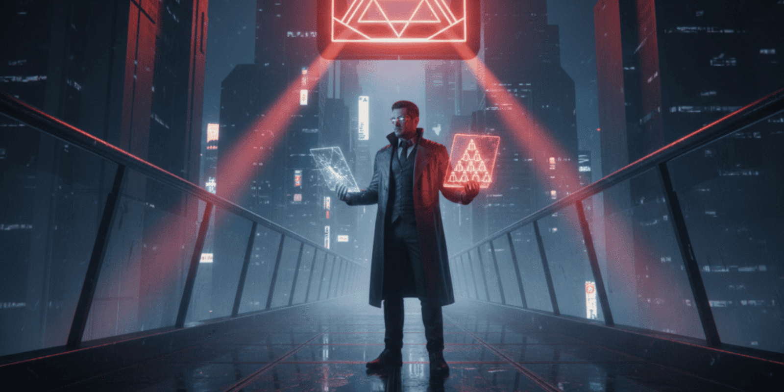 AI-powered futuristic cityscape with a man using digital devices at night.