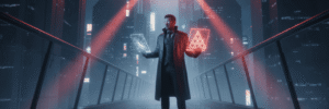 AI-powered futuristic cityscape with a man using digital devices at night.