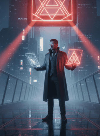 AI-powered futuristic cityscape with a man using digital devices at night.
