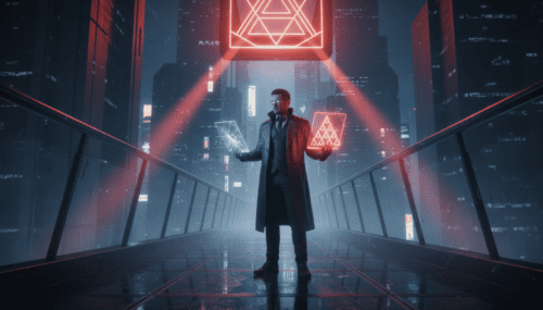 AI-powered futuristic cityscape with a man using digital devices at night.