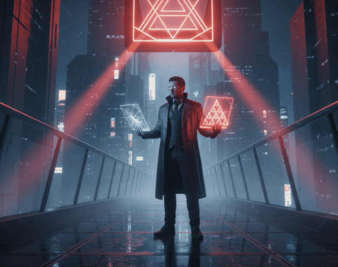 AI-powered futuristic cityscape with a man using digital devices at night.