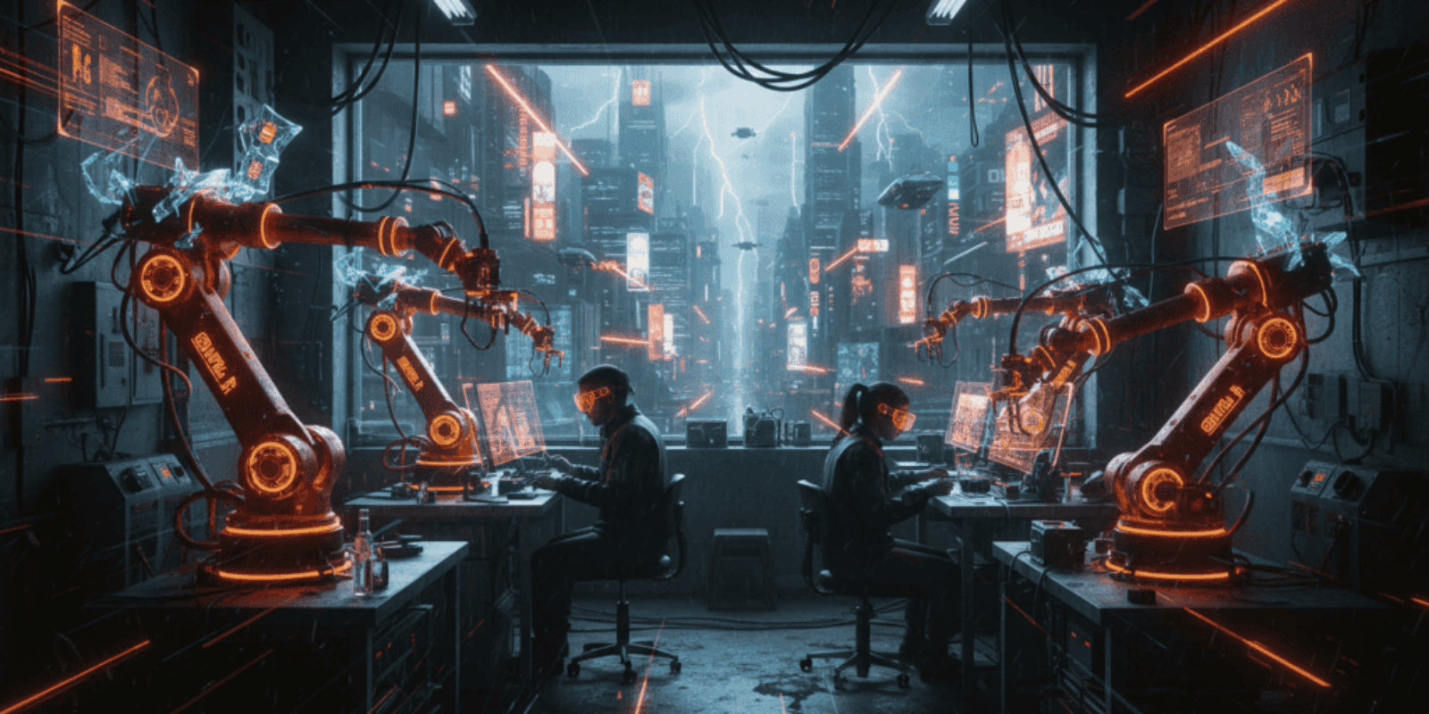 Advanced AI robotic arms working in a high-tech manufacturing lab.