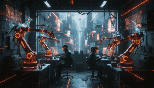 Advanced AI robotic arms working in a high-tech manufacturing lab.