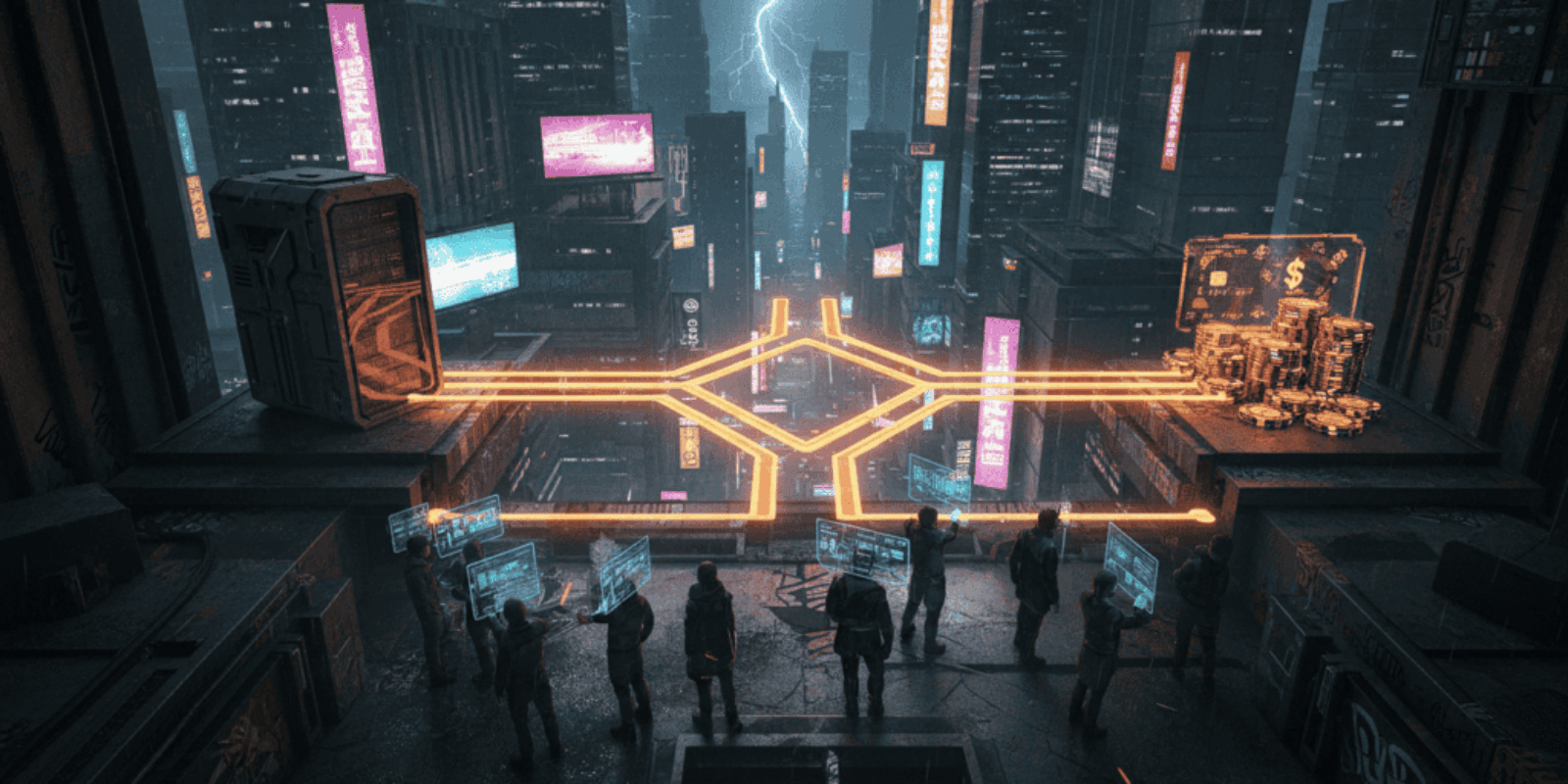 AI cityscape with digital connections and financial growth symbols.