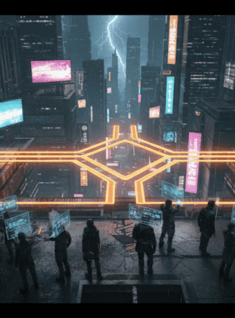 AI cityscape with digital connections and financial growth symbols.