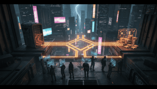 AI cityscape with digital connections and financial growth symbols.