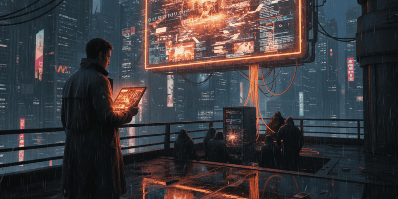 Person using a tablet to access AI-driven news updates in a high-tech urban environment.