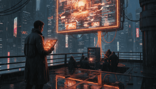 Person using a tablet to access AI-driven news updates in a high-tech urban environment.