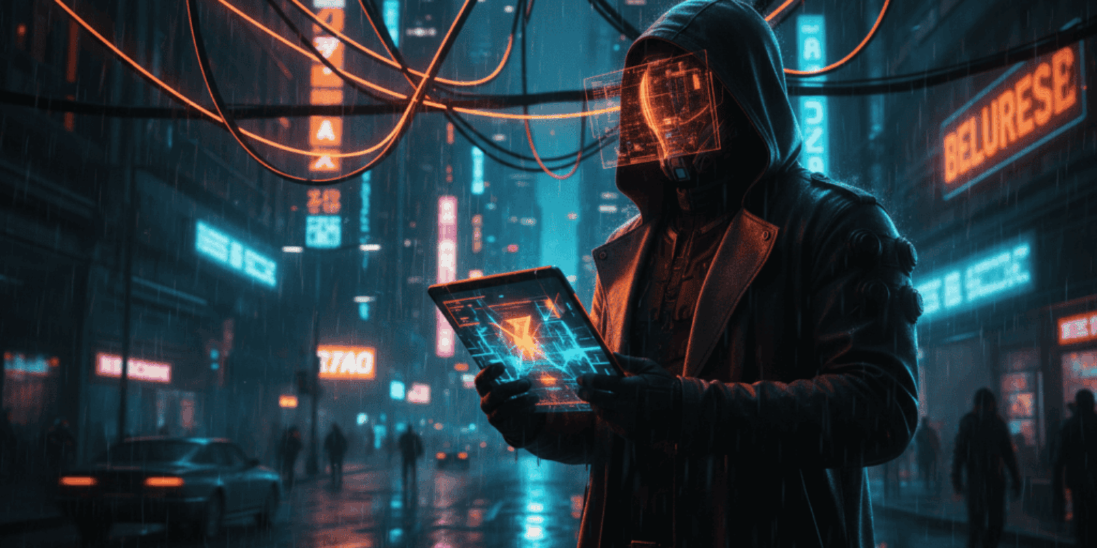Futuristic cyberpunk scene with a person using a tablet in neon-lit city.