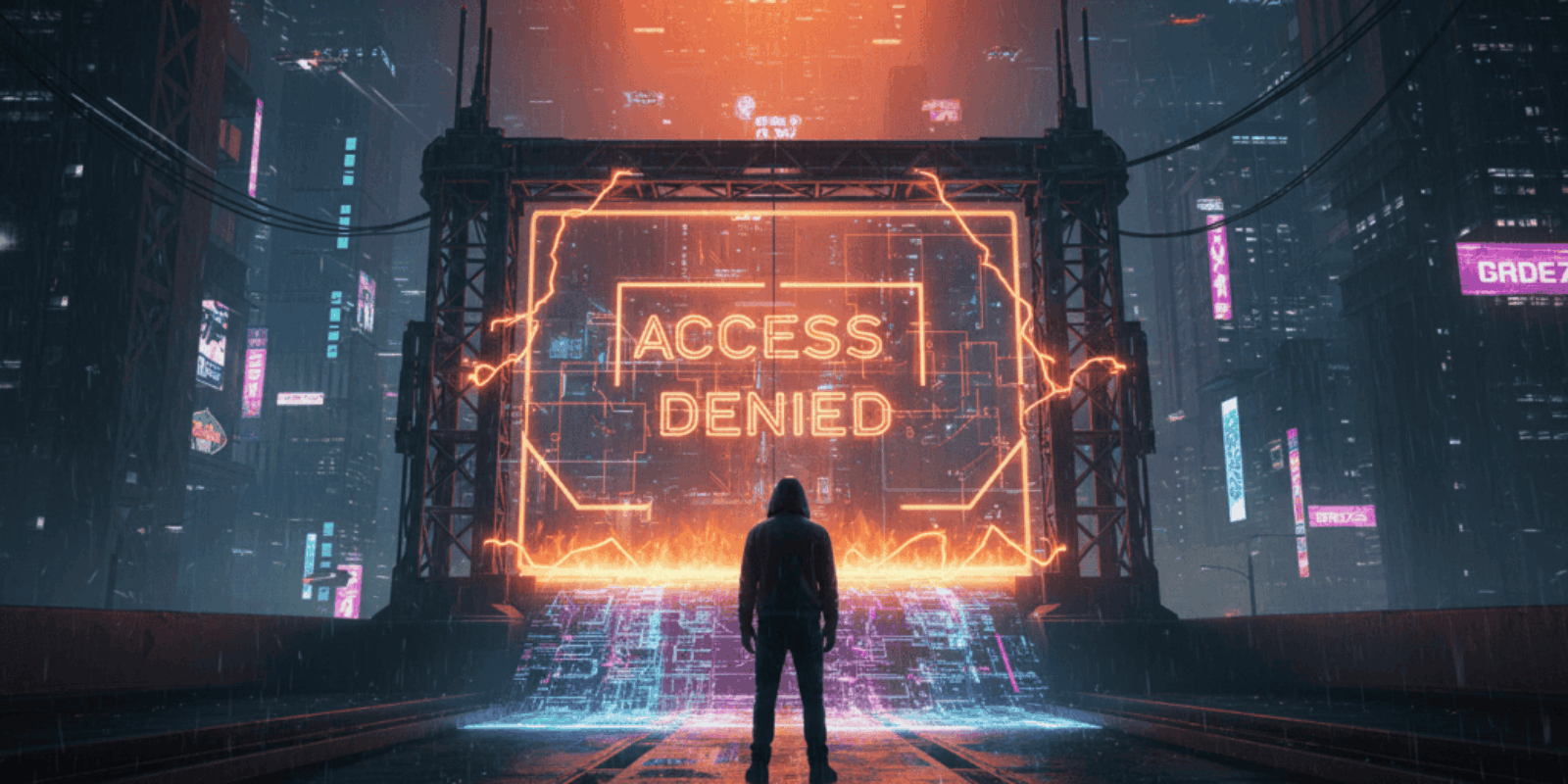 Person facing a neon "Access Denied" sign in a futuristic cityscape.